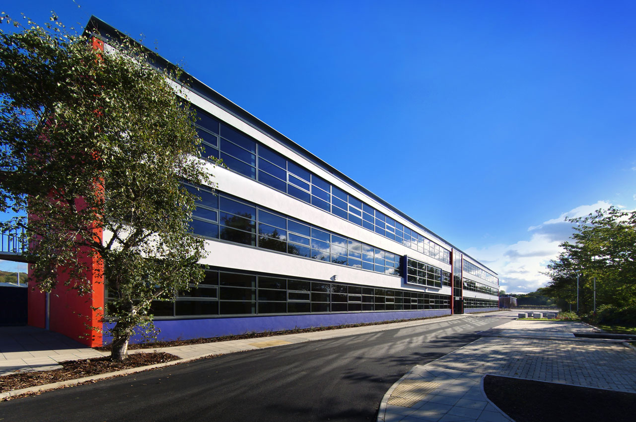 Wide angle view of a commercial office exterior 