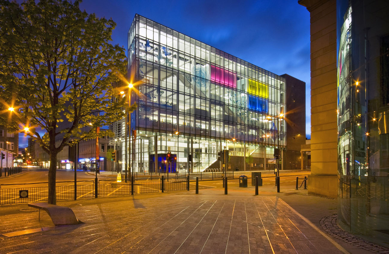Architectural exterior of a library in Newcastle upon Tyne at dusk