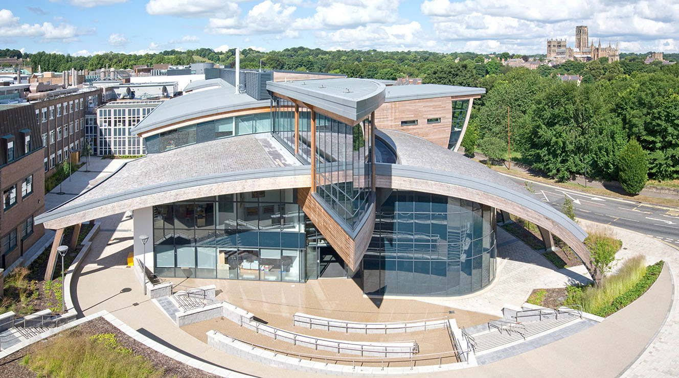 Exterior of a commercial building taken from a mast