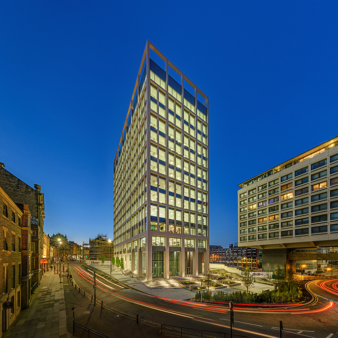Elevated view of commercial office building Bank House in Newcastle upon Tyne at dusk