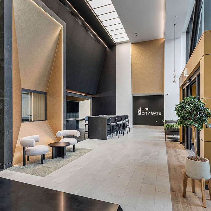 Interior of a office reception area with furniture