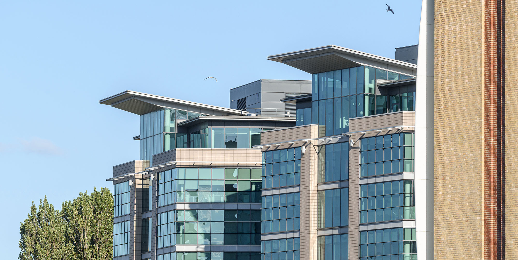 Architectural detail of the exterior of the glass fronted offices