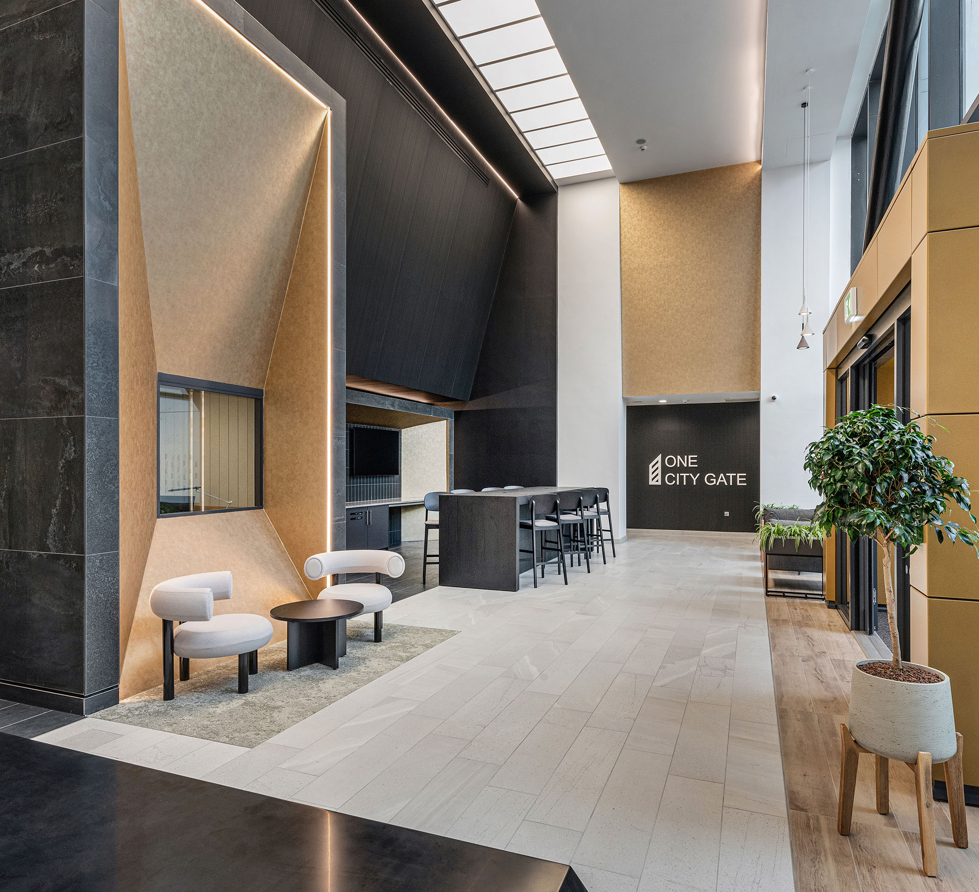 Office reception with seating and high spacious ceilings