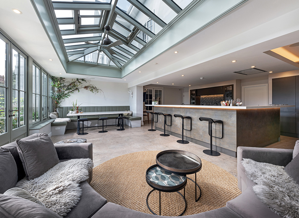 Orengery interior with views to open plan kitchen area