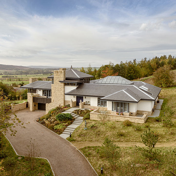 Architectural exterior of a residential countryside property 