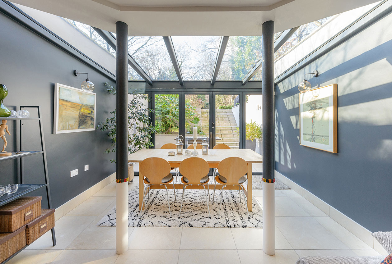Interior of a residential property with glazed area overlooking gardens